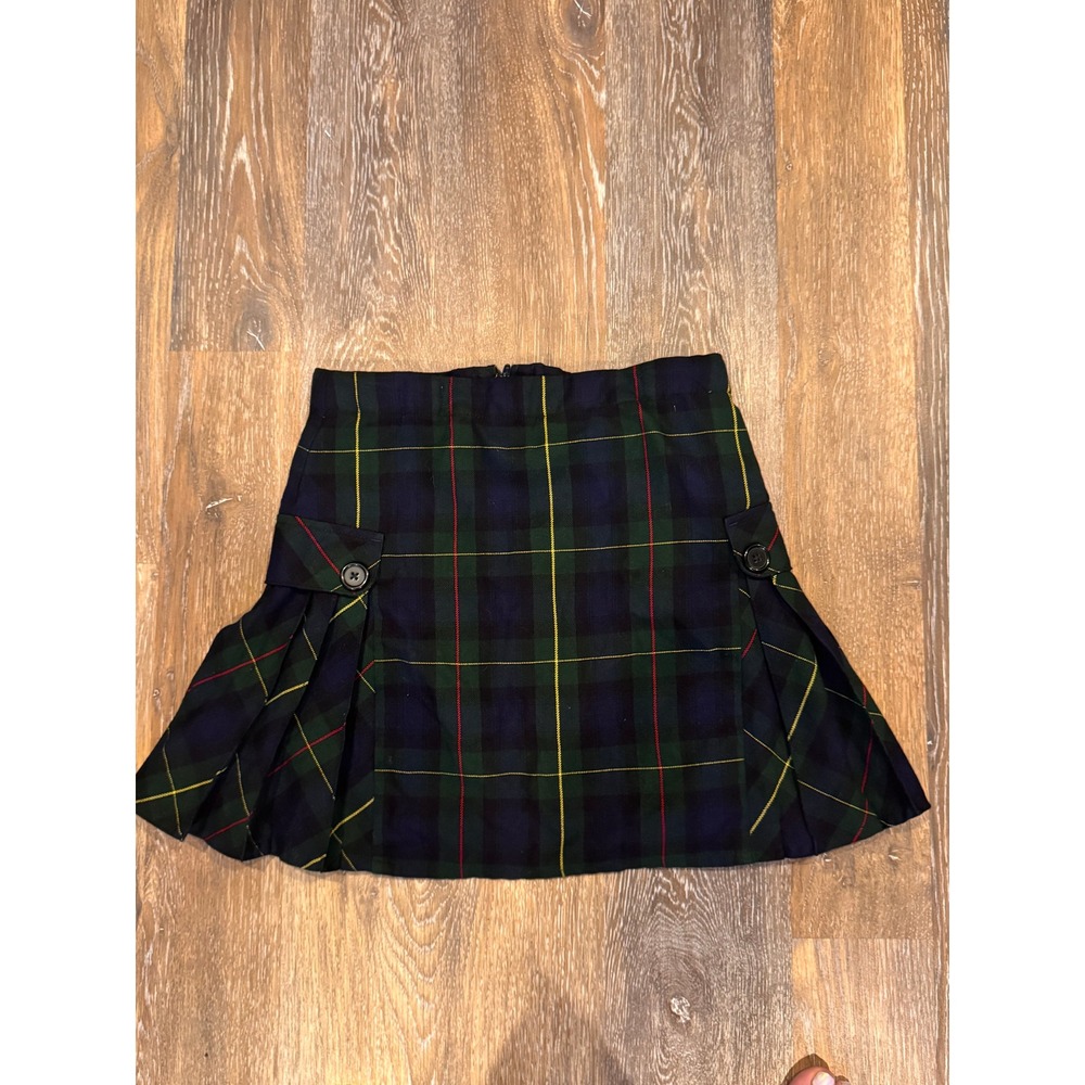 Lands' End Girls Blue Green Plaid Pleated Skirt Size 12 Adjustable Waist